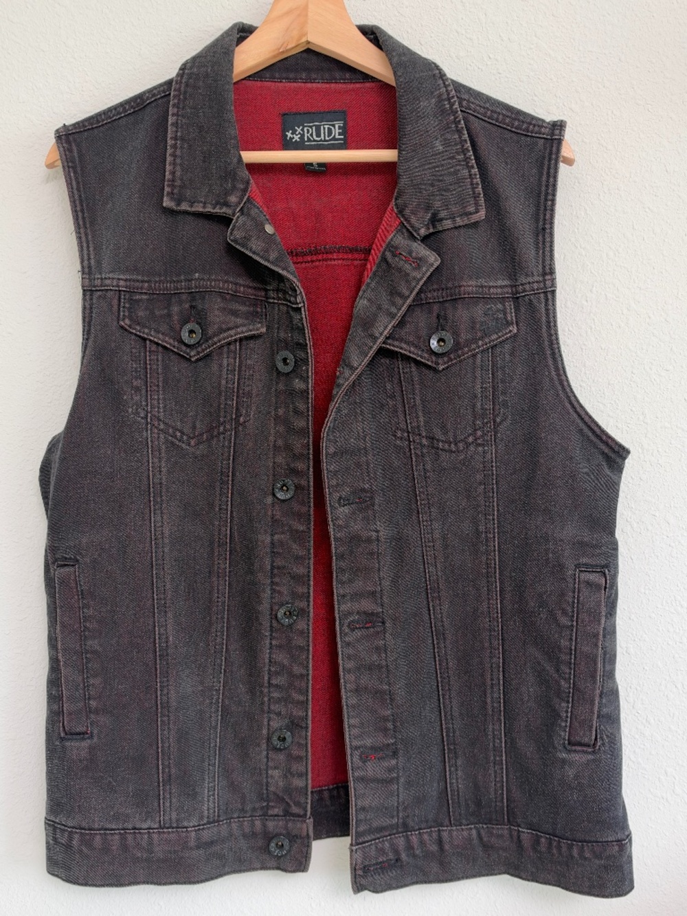 RUDE Men's Black Red Distressed Denim Vest Button Front Size Small